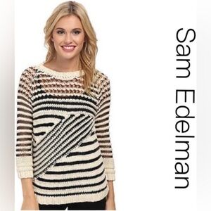 Sam Edelman Chunky Knit Striped Sweater Neutral Black Beige Textured Cozy Sz L